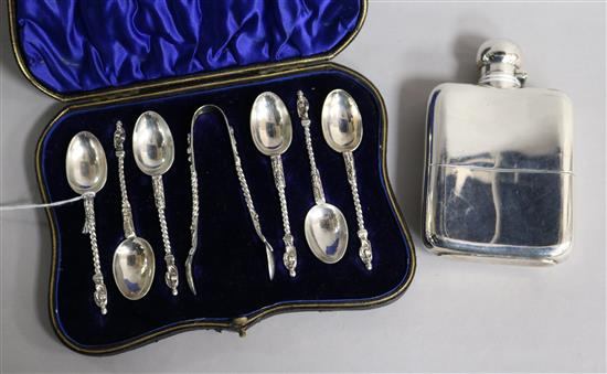 A silver hip flask, Sheffield 1922, G & J W Hawksley and a set of six silver apostle teaspoons and tongs, cased